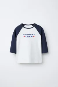 Футболка с рукавами реглан, с надписью и смесью модала Zara, темно-синий/белый