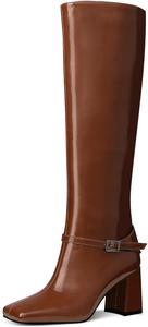 Сапоги MUCCCUTE до колена для женщин с квадратным носком, широким каблуком, боковой молнией, украшенные стразами, блестящие, модные высокие длинные сапоги для девушек, Brown - Patent Leather