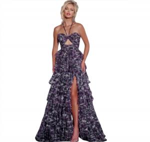 Пышное платье с вырезом и цветочными рюшами в фиолетовом цвете JOVANI