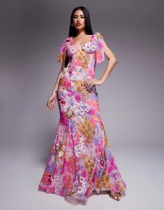 Платье макси ASOS LUXE с декоративным принтом и цветочным принтом