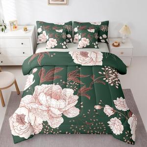 Erosebridal Винтажный комплект постельного белья с зелеными и розовыми пионами, элегантный цветочный принт с ботаническими листьями и садовыми мотивами, Dark Green,pink
