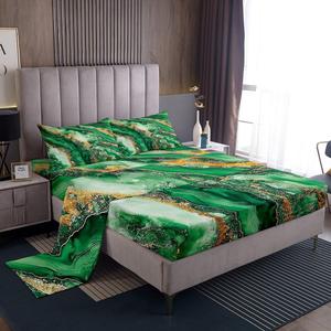 Erosebridal Комплект постельного белья с мраморной текстурой зеленого и золотого цвета в стиле абстрактной акварели, Green Golden