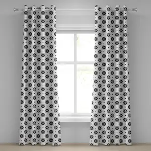 Шторы на люверсах ABAKUHAUS Oriental, традиционный марокканский узор на точечном фоне - винтажный восточный дизайн, декоративные двухпанельные шторы, 280 см x 245 см, черный, белый, серый