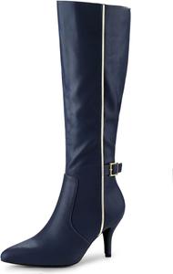 Женские высокие сапоги Allegra K с острым носком, пряжкой и каблуком-стилет, Navy Blue