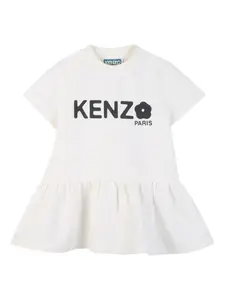 Платье с оборками и принтом логотипа Kenzo Kids, белый