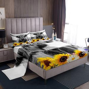 Erosebridal Комплект постельного белья Highland Cow с подсолнухами в винтажном деревенском стиле, серый с изображением коров, Highland Cow 01