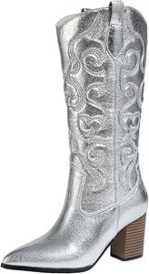 Женские ковбойские сапоги IWIHMIV с заостренным носком, массивным каблуком, западным стилем, высокие винтажные сапоги в деревенском стиле, Silver