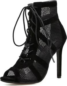 Женские сексуальные танцевальные туфли на каблуке с открытым носком, сетчатые балетные сандалии, каблуки для вечеринки, сандалии на щиколотке с задней молнией Generic, B-Black