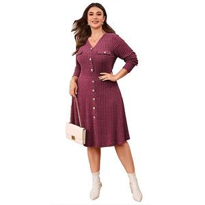 Платье-свитер миди на пуговицах с резинкой до колен для женщин Plus size Clearflower, Red