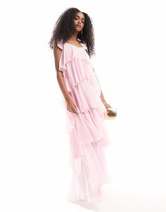 Многоярусное макси-платье Vero Moda с завязками на плечах розового цвета