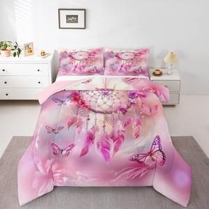 Erosebridal Комплект постельного белья Exotic Dream Catcher с цветочным принтом и бабочками в стиле бохо, Pink Yellow