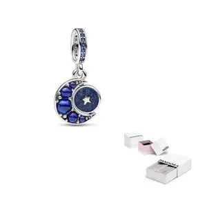 Pandora 925 Sterling Silver стеклянные подвески женские Blue/Silver