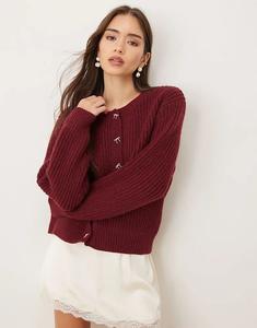 Кардиган Lovedrobe с круглым вырезом и отделкой в ​​виде банта на пуговицах бордового цвета