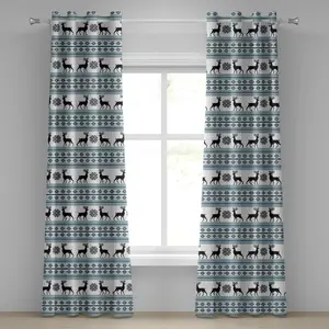 Шторы ABAKUHAUS Nordic с люверсами, узором "Зигзаг в виде шеврона" и зимней цветочной композицией, норвежский олень, снег, декоративные двухпанельные шторы, 280 см x 245 см, цвет: черный, белый, небесно-голубой