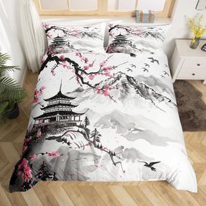 Erosebridal Комплект постельного белья в японском стиле Pink Sakura Flower с водяными горными пейзажами и черными птицами, Pink,grey,white