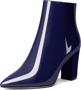 Женские ботильоны AUMOTED с высокой шнуровкой, массивным каблуком, заостренным носком, мехом, короткой моделью с молнией, на каблуке 3,4 дюйма, классические ботинки для наряда, Patent Navy