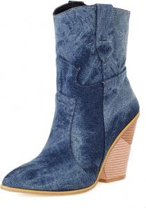 Женские ковбойские ботинки MRKEWUNEY с деревянными каблуками, 201 Blue