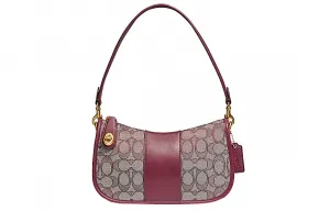 Свингер Жаккардовая Ткань С Кожаной Сумочкой Через Плечо Средний Размер Женская Бордовый Красный Коричневый Монограмм COACH