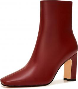 Женские ботильоны - широкий каблук 8,9 см, модный квадратный носок, боковая молния, мягкая стелька, короткие ботинки под платье Orlynx, Burgundy Pu