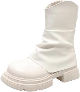 Женские ботильоны - толстая подошва, однотонные, с круглым носком, задняя молния, массивный каблук - подходят для повседневной носки или работы. HoaloX, White
