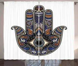 Штора ABAKUHAUS Hamsa Rustic, Bohemian Vintage Scribble, универсальная ленточная штора для гостиной с петлями и крючками, 280 x 225 см, цвет: королевский синий карамельно-черный Abakuhaus