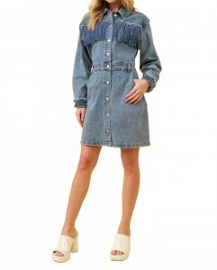 Синний джинсовый платье в западном стиле с бахромой и заклепками Blue B