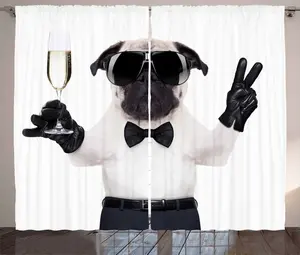 Штора ABAKUHAUS "Мопс в деревенском стиле", "Собачья вечеринка, алкоголь", универсальная, с петлями и крючками, для гостиной, 280 x 175 см, цвет: белый, черный, кремовый Abakuhaus