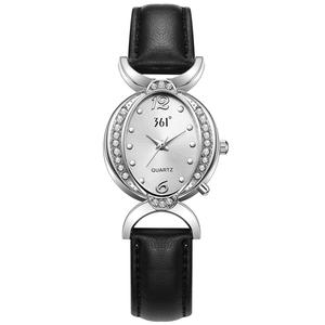 361° Часы женские с кварцевым механизмом, кожаным ремешком, серебристым циферблатом и водонепроницаемостью