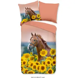 Доброе утро детское постельное белье "Beauty Horse Sunflower", хлопок, 135х200, молния, двусторонний вид, ребенок, девочка, лошадка Good Morning, мультиколор/желтый/терракотовый