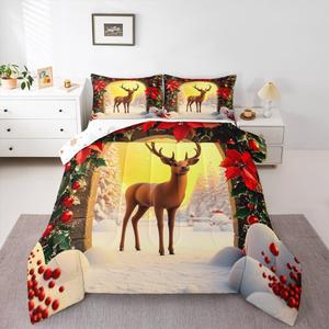 Erosebridal Комплект постельного белья с новогодним принтом оленей и ягод, Red Yellow Brown