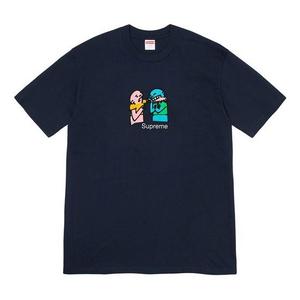Футболка fw19 week 17 bite tee cartoon graffiti printing short sleeve navy blue Supreme, синий