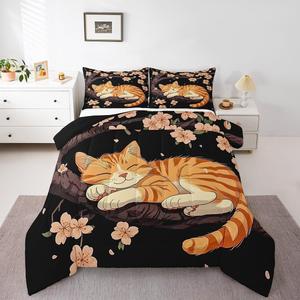 Erosebridal Комплект постельного белья Kids Cute Cat Queen с японским цветочным принтом и милыми котятами, Orange Brown