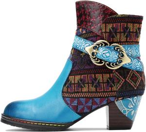 NUHEEL Женские ботинки сшивного типа, ботильоны для женщин, зимние ботинки, винтажные богемные ботинки, ретро с цветочным узором, кожаные уличные ботинки с противоскользящей подошвой и боковой молнией, повседневная обувь для прогулок, синие