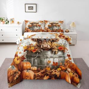 Erosebridal Комплект постельного белья Kids Highland Cow с осенним принтом тыкв и фермерским декором, Grey Orange