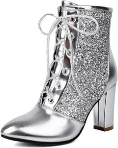 Женские сексуальные блестящие ботильоны Aflngle с кружевной шнуровкой, массивным каблуком, носком заостренной формы, декоративной отделкой с блестками, короткие удобные ботинки для свадьбы, вечеринки или выпускного, Silver