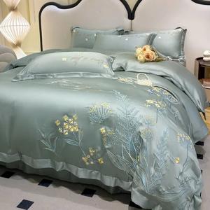 FUANNA Комплект постельного белья 1,5-спальный, 4 предмета, пододеяльник 200x230 см, тинсел, вышивка, зеленый светлый лес - кремово-зеленый