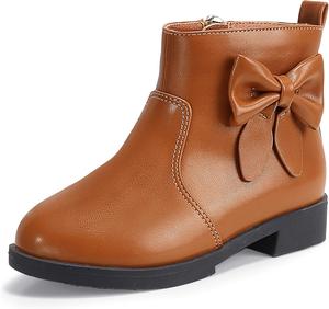 Детские ботильоны для девочек PANDANINJIA Sofia Sweet с короткой голенью, бантом и боковой молнией, A Brown Pu