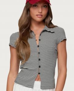 Женская полосатая ребристая блузка на пуговицах Beau Edikted, Black-and-white