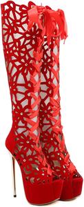 6,30 дюйма/16 см Женские ботинки до колена до бедра Сексуальные шпильки на каблуках Ночной клуб Стриптиз на каблуках Платформенные ботинки Huhren, Red