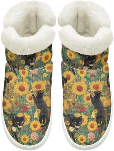 Зимние Ботинки на Легком Надевании для Женщин и Мужчин с Эластичной Липучкой у Щиколотки, Пушистые Снежные Ботинки с Меховой Подкладкой, Удобные, Нескользящая Подошва Cugasmaru, Cat Sunflower