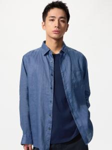 Рубашка Uniqlo Premium Linen Long Sleeve, 65 синий