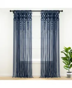 Хлопковая штора в стиле бохо с макраме, однослойная, 102 см в ширину x 213 см в длину, темно-синяя - шторы макраме для окон, перегородка для комнаты, декор стен в стиле бохо Lush Decor