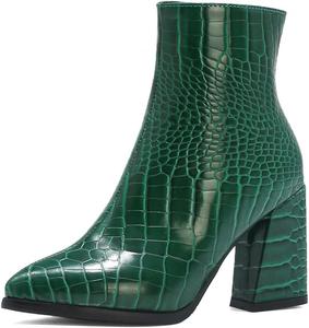 Женские ботильоны с острым носком на массивном высоком каблуке, с боковой молнией, в западном стиле, элегантные короткие ботинки JOEUSTY, Green-Velvet Lined