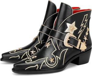 Женские западные ботинки до щиколотки с вышитыми звездами, ковбойские ботинки с заостренным носком и низким каблуком с металлической пряжкой для фестивалей, концертов и активного отдыха на открытом воздухе Ouwilov, Black