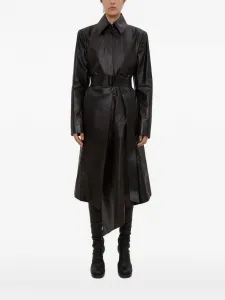 Кожаное пальто с поясом и заостренным воротником Olivier Theyskens, черный