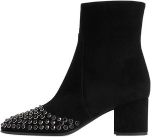 Женские модные ботильоны с круглыми носками, низким блочным каблуком, заклепками и стразами, боковая молния, для вечеринок и повседневной носки, размеры 4-16 US Wansseny, Black Suede