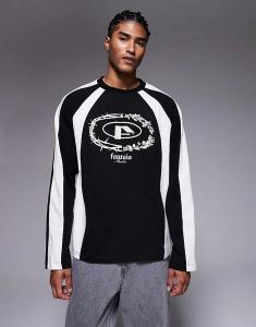 Футболка ASOS DESIGN свободного кроя с длинными рукавами, принтом на груди и вставками в антрацитовом и кремовом цветах
