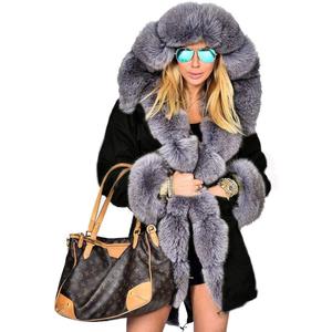 Парка Aofur Long Warm Winter Faux Fur Collar Qulited, черный/серый