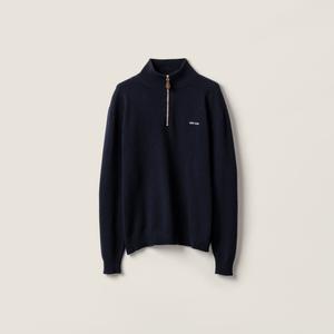 Кашемировый свитер на молнии с кожаными вставками MIU MIU, синий