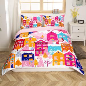 Erosebridal Комплект постельного белья с новогодним принтом для детей и подростков, магический снежный дизайн с рождественскими домиками и ёлками, Pink Orange Blue